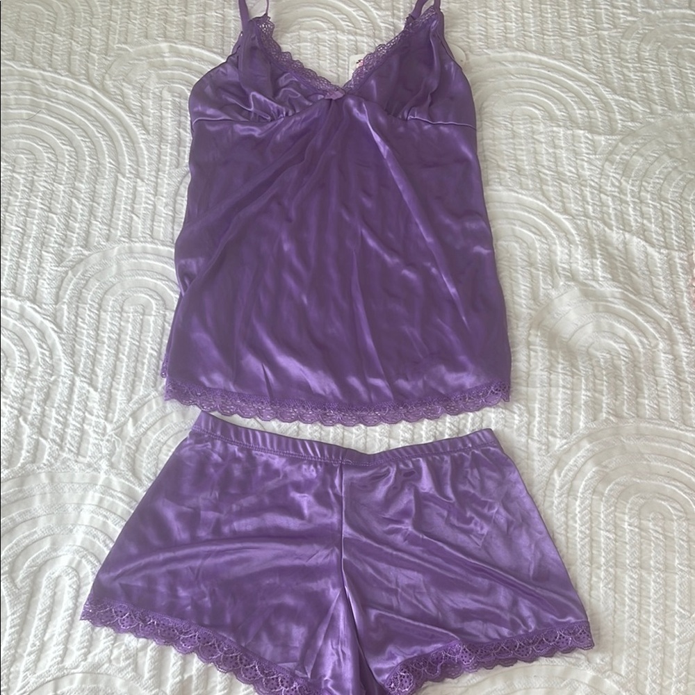 Purple Silky Lace Trim Sleepwear Set